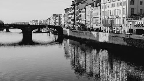 Bridge over river by buildings against sky