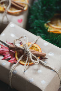 High angle view of christmas gifts on table