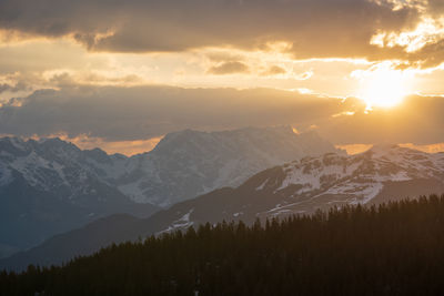 Scenic view of snowcapped mountains against sky during sunset