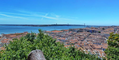 Scenic view of sea and buildings against blue sky