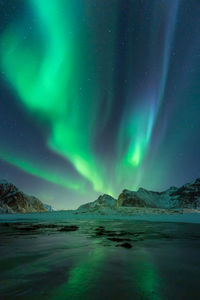 Scenic view of snowcapped mountains against sky at night