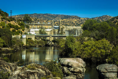 Scenic view of river by trees against clear sky