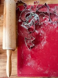 High angle view of red chili peppers on table