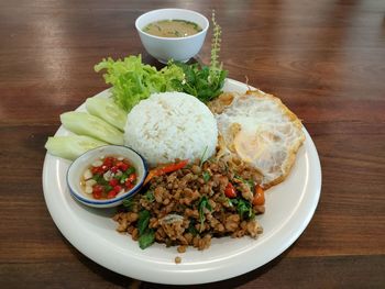 High angle view of meal served on table