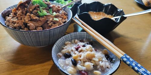 High angle view of breakfast served on table