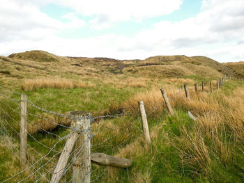 Scenic view of grassy field against cloudy sky