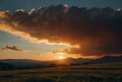 Scenic view of field against sky during sunset