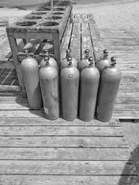 High angle view of bottles on table