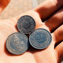 Close-up of hand holding rusty coins