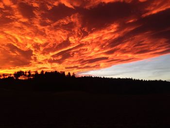 Silhouette trees on field against dramatic sky during sunset