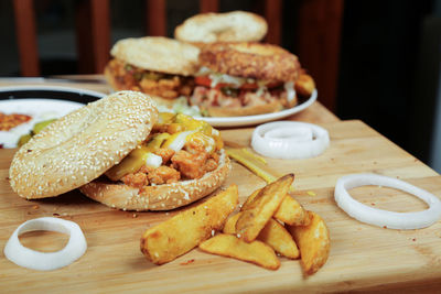 Close-up of bagel sandwich on table