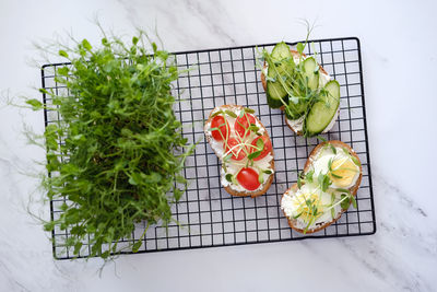 Healthy sandwiches with vegetables and microgreens. top view