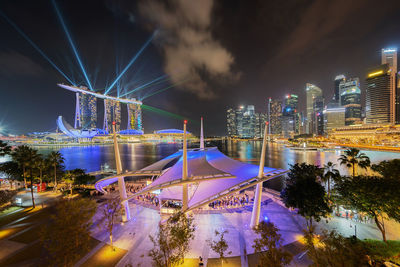 High angle view of illuminated cityscape at night