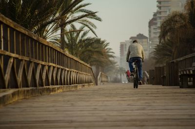 Rear view of man riding bicycle on footbridge