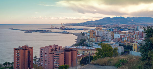 Panoramic view of the malaga city and harbor, costa del sol, malaga province, andalucia, spain