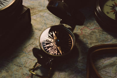 Close-up of navigational compass on map