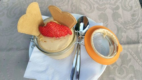 High angle view of dessert on table