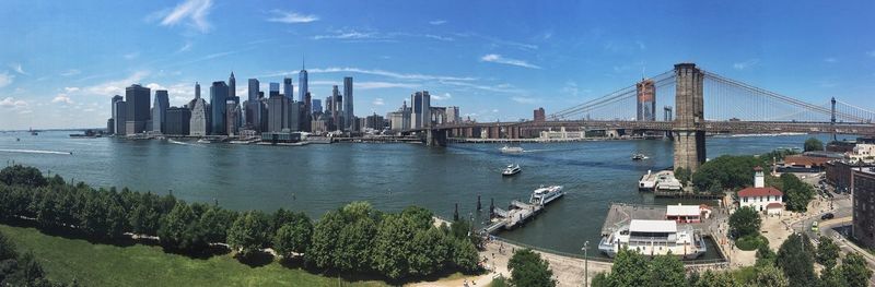 View of suspension bridge in city