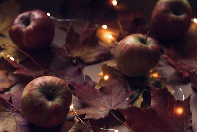 Close-up of apples on table during autumn