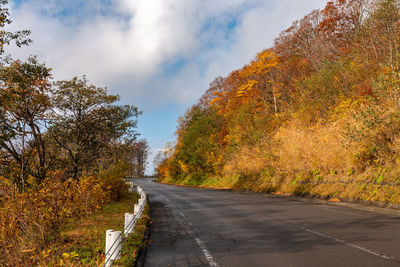 Road amidst trees against sky during autumn