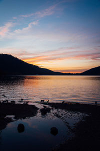 Scenic view of lake against sky during sunset