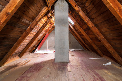 Low angle view of wooden ceiling in building