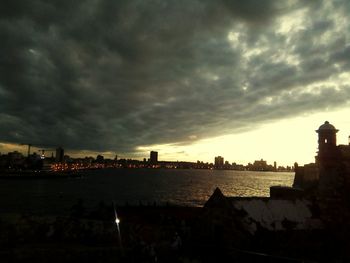 City at waterfront during sunset