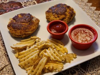 High angle view of breakfast served on table