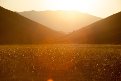 Idyllic shot of landscape against silhouette mountains during sunset