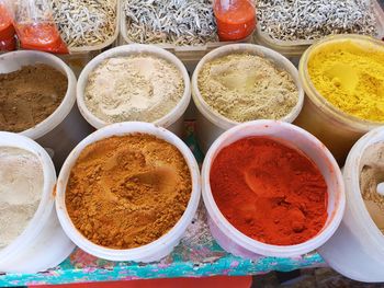 High angle view of spices for sale in market