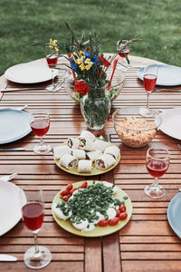 High angle view of food served on table