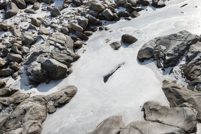 Close-up of rocks on snow