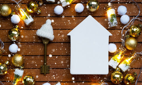 Close-up of christmas decorations on table