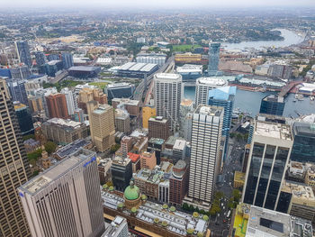 High angle view of modern buildings in city