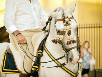 Mid section of a man riding a horse