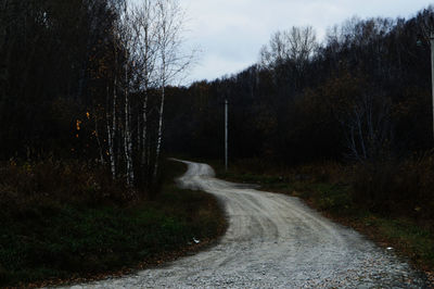 Empty road amidst trees in forest against sky