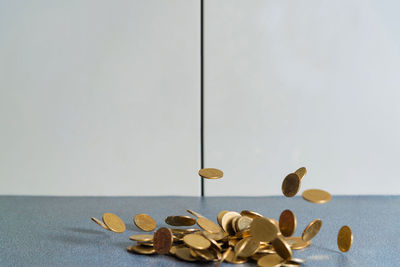 Close-up of leaves falling on table against wall