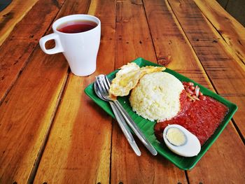 High angle view of breakfast on table