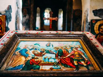 Close-up of picture frame in church