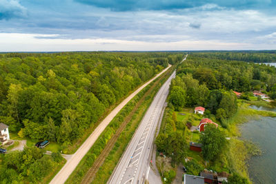 Aerial of highway in countryside of kalmar