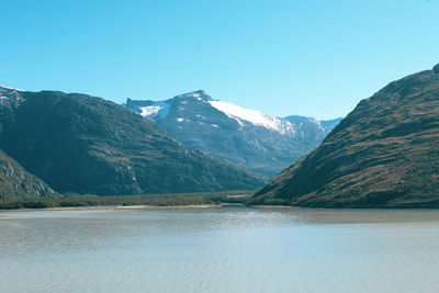 Scenic view of snowcapped mountains against clear sky