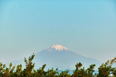 Scenic view of snowcapped mountains against clear sky