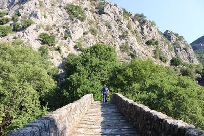 Rear view of people walking on footbridge