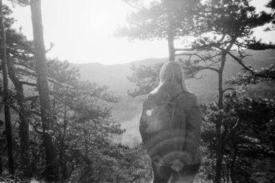 Rear view of man looking at forest