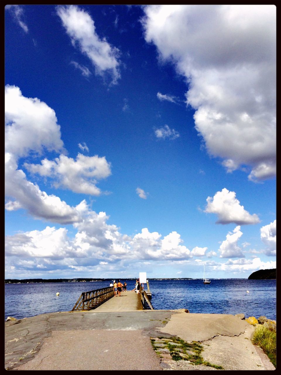 sea, horizon over water, sky, water, beach, tranquility, tranquil scene, cloud - sky, the way forward, scenics, pier, cloud, beauty in nature, nature, blue, transfer print, shore, sand, railing, incidental people