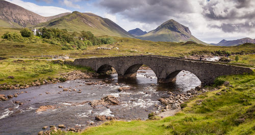 Bridge over river against cloudy sky