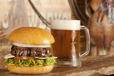 Close-up of beer in glass on table