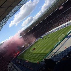 High angle view of soccer field against sky