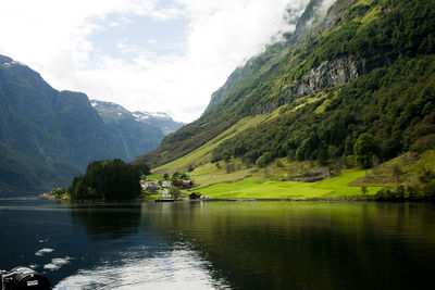 Scenic view of lake and mountains against sky