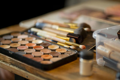 High angle view of eye shadow on table